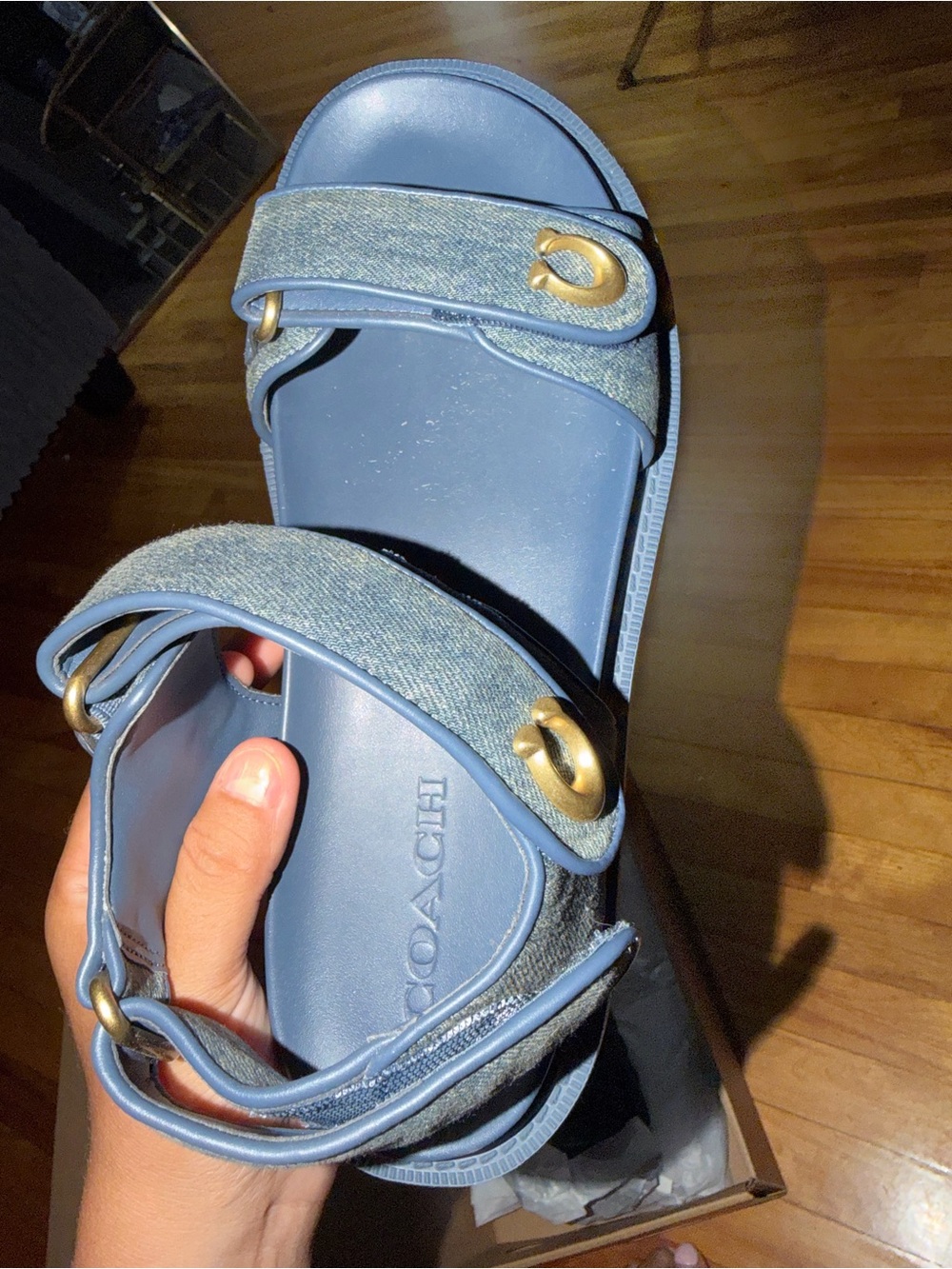 Coach Blue Denim-Trim Slide Sandals with Gold Hardware